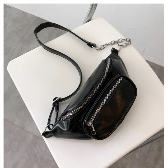 Fanny pack bag crossbody waist adjustable 2 pocket zipper chain bags white black - Picture 3 of 13